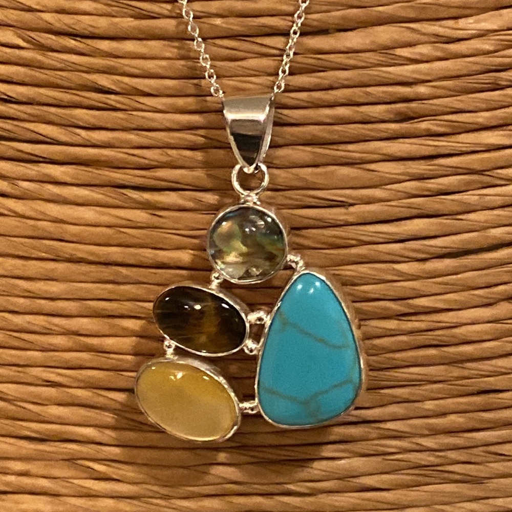 Sterling Necklace with Turquoise / Tiger Eye / MOP / Abalone Pendant